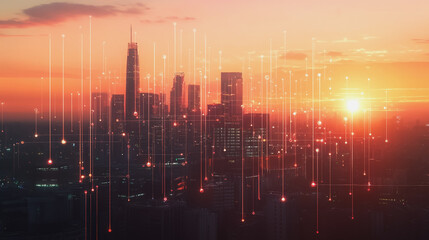 Fototapeta premium Smart Innovation city with connection cyber security network reciprocity over the sunset cityscape future wireless digital city and social media networking systems that connects people in the city