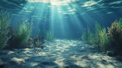Fototapeta premium Serene underwater landscape with sunlight filtering through water.