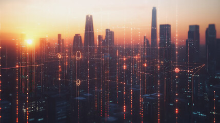 Fototapeta premium Smart Innovation city with connection cyber security network reciprocity over the sunset cityscape future wireless digital city and social media networking systems that connects people in the city