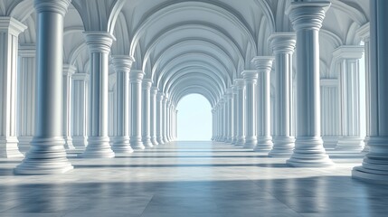 Grand white marble colonnade hallway with arched ceilings and light at the end.