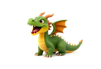 Obraz premium Cute Cartoon Dragon in Green and Orange Posing Against White Background