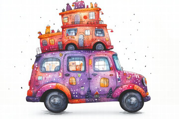 Whimsical handmade car illustration featuring stacked colorful houses. vibrant design showcases creativity and charm, perfect for children art or playful themes