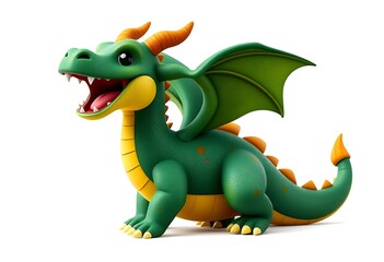 Fototapeta premium Cute Cartoon Dragon in Green and Orange Posing Against White Background