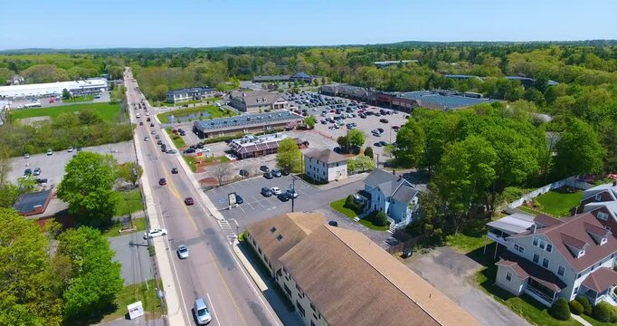 Aerial view of Millis historic town center and Main Street in spring, Millis, Boston Metro West area, Massachusetts, MA, USA.