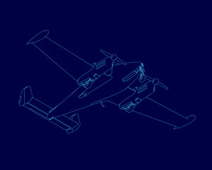 Blue airplane is drawn in blue. The airplane is a biplane with two engines. The airplane is in the air and is flying