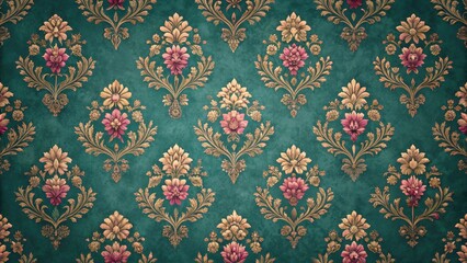 Fototapeta premium Elegant Teal and Gold Damask Floral Pattern Textile Design