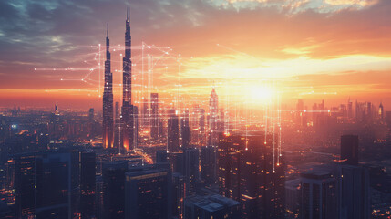 Fototapeta premium Smart Innovation city with connection cyber security network reciprocity over the sunset cityscape future wireless digital city and social media networking systems that connects people in the city