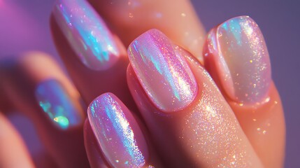 Stunning holographic nail art showcasing vibrant, shiny colors.