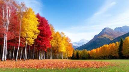 Vibrant autumn landscape with colorful trees and mountains.