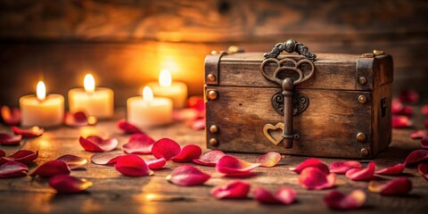 Romantic wooden chest with key, candles, and rose petals on a rustic table