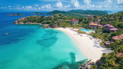 A serene tropical beach with clear waters and lush greenery, perfect for relaxation and travel.