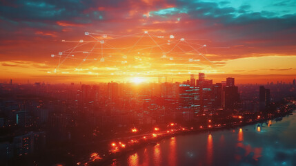 Fototapeta premium Smart Innovation city with connection cyber security network reciprocity over the sunset cityscape future wireless digital city and social media networking systems that connects people in the city