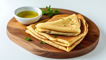 Delicious Chickpea Pancakes Served with Olive Oil on a Wooden Board