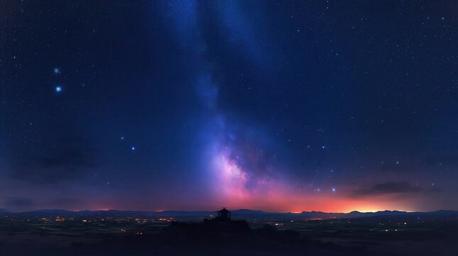 Glowing starry sky over a magical fantasy night landscape with dreamy ambiance  
Seamless looping 4k time-lapse virtual video animation Generated AI