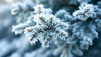 Winter Nature scene with spruce branch covered in frost