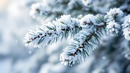 Obraz premium Winter Nature scene with spruce branch covered in frost