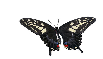 Close-up of a black and white butterfly with red and blue accent