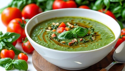 Fresh Vegetable Soup with Basil and Tomato Garnish in White Bowl on Wooden Board