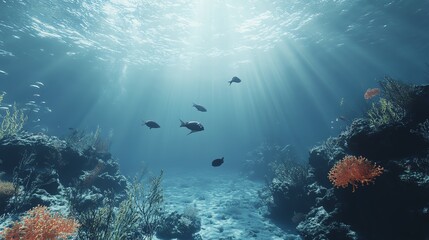 Fototapeta premium Underwater scene showcasing vibrant marine life and coral reefs.