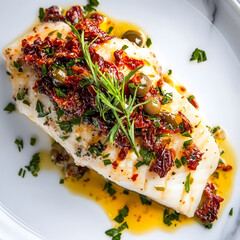 Baked cod fillet topped with sun dried tomatoes, olives, and herbs, served on white plate. delicious and healthy seafood dish garnished with fresh parsley