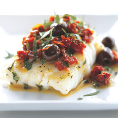 Baked cod topped with sun dried tomatoes and olives, garnished with fresh herbs, creating vibrant and flavorful dish perfect for any meal