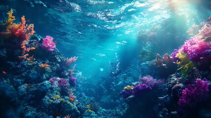 Fototapeta premium Vibrant coral reef beneath clear blue water, teeming with life.
