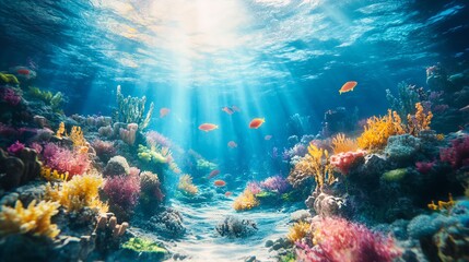 Naklejka premium Vibrant coral reef teeming with life beneath clear blue waters.