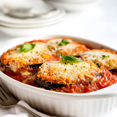 Fototapeta premium Classic Italian eggplant parmesan dish with crispy breading, rich tomato sauce, and melted cheese, garnished with fresh basil. Perfect for comforting meal