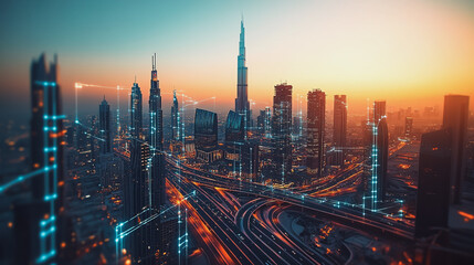 Obraz premium Smart Innovation city with connection cyber security network reciprocity over the sunset cityscape future wireless digital city and social media networking systems that connects people in the city