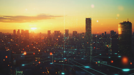 Smart Innovation city with connection cyber security network reciprocity over the sunset cityscape future wireless digital city and social media networking systems that connects people in the city