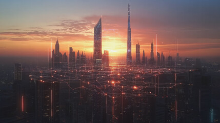 Fototapeta premium Smart Innovation city with connection cyber security network reciprocity over the sunset cityscape future wireless digital city and social media networking systems that connects people in the city