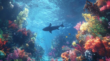 Fototapeta premium Vibrant underwater scene featuring coral reefs and a shark.