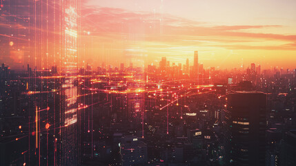 Fototapeta premium Smart Innovation city with connection cyber security network reciprocity over the sunset cityscape future wireless digital city and social media networking systems that connects people in the city