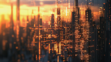 Fototapeta premium Smart Innovation city with connection cyber security network reciprocity over the sunset cityscape future wireless digital city and social media networking systems that connects people in the city