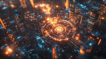 Obraz premium Smart Innovation city with connection cyber security network reciprocity over the sunset cityscape future wireless digital city and social media networking systems that connects people in the city