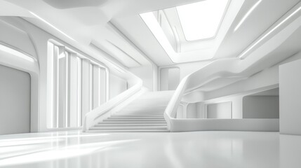 Obraz premium Modern white architectural interior with curved staircase and skylights.