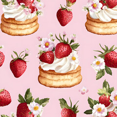 Delightful strawberry shortcake pattern featuring whipped cream, fresh strawberries, and floral accents on soft pink background. Perfect for dessert lovers and summer themes
