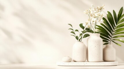 Fototapeta premium Serene White Flowers in Speckled Vases, Minimalist Decor
