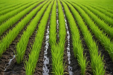 a close up of a field of green grass with a line of water