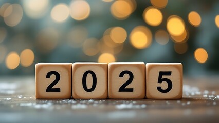 New Year Goals 2025. Flipping numbers 2024 to 2025 on a wooden block cube on a light bokeh background for preparation for the New Year change holiday. Happy New Year 2025.new Year's Eve Celebration.
