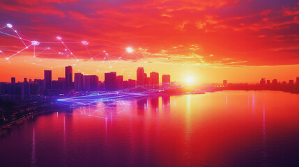 Fototapeta premium Smart Innovation city with connection cyber security network reciprocity over the sunset cityscape future wireless digital city and social media networking systems that connects people in the city