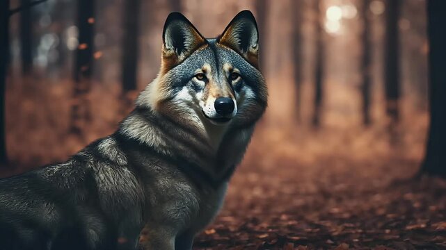 spooky Halloweenthemed forest background mystical wolf lurking trees creating dark eerie atmosphere ideal Halloween designs