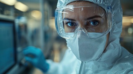 Scientist in protective gear working in a lab.