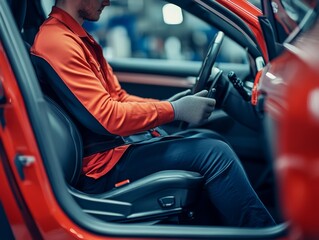 Worker Fitting Car Seats on the Left Side