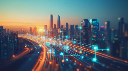 Fototapeta premium Smart Innovation city with connection cyber security network reciprocity over the sunset cityscape future wireless digital city and social media networking systems that connects people in the city