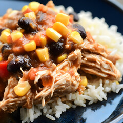 Flavorful slow cooker salsa chicken with black beans and corn served over rice, creating delicious and hearty meal perfect for any occasion