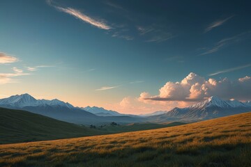 Obraz premium mountains in the distance with a grassy field and a lone horse