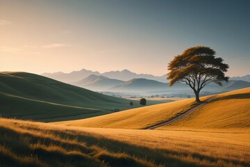 Fototapeta premium there is a lone tree on a hill in the middle of a field