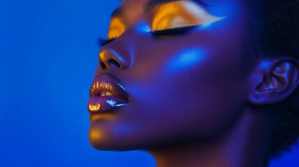 Beauty portrait of model with natural make-up. Fashion shiny highlighter on skin, sexy gloss lips make-up