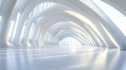 Fototapeta premium Modern white architectural interior with arched ceiling and large windows.